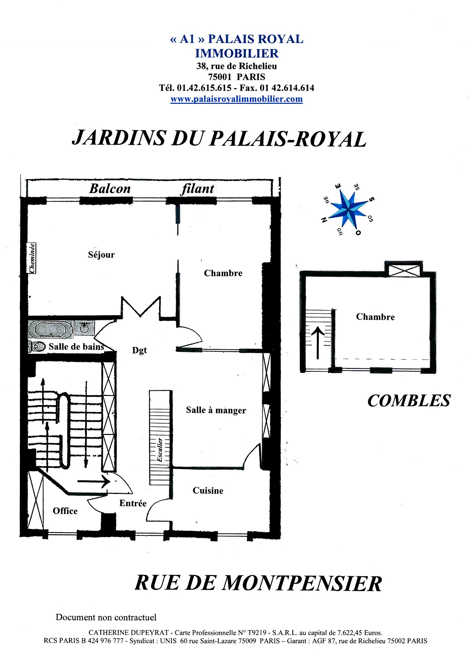Paris 1er - Montpensier - Location vide 
Vue sur Jardin du Palais-Royal - 4ème étage avec balcon
Appartement de 3/4 pièces principales 
Bail 3 ans
 - Plan