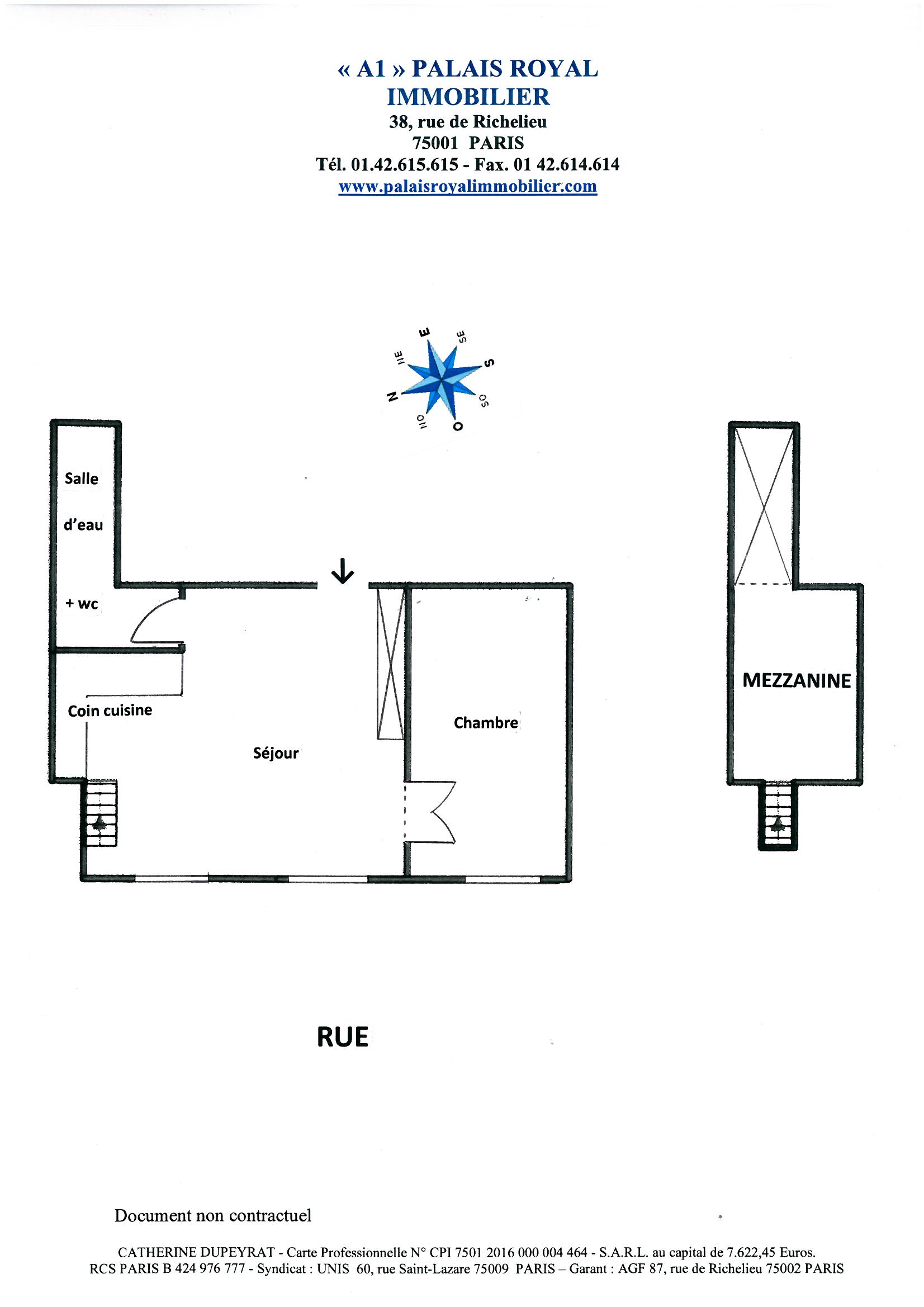 Paris 1er - Location vide
3 Fenêtres avec vue dégagée sur la Fontaine Molière
2 Pièces 40,40m² LC + Mezzanine
Refait à neuf - Hauteur sous plafond 3,40m
 - Plan