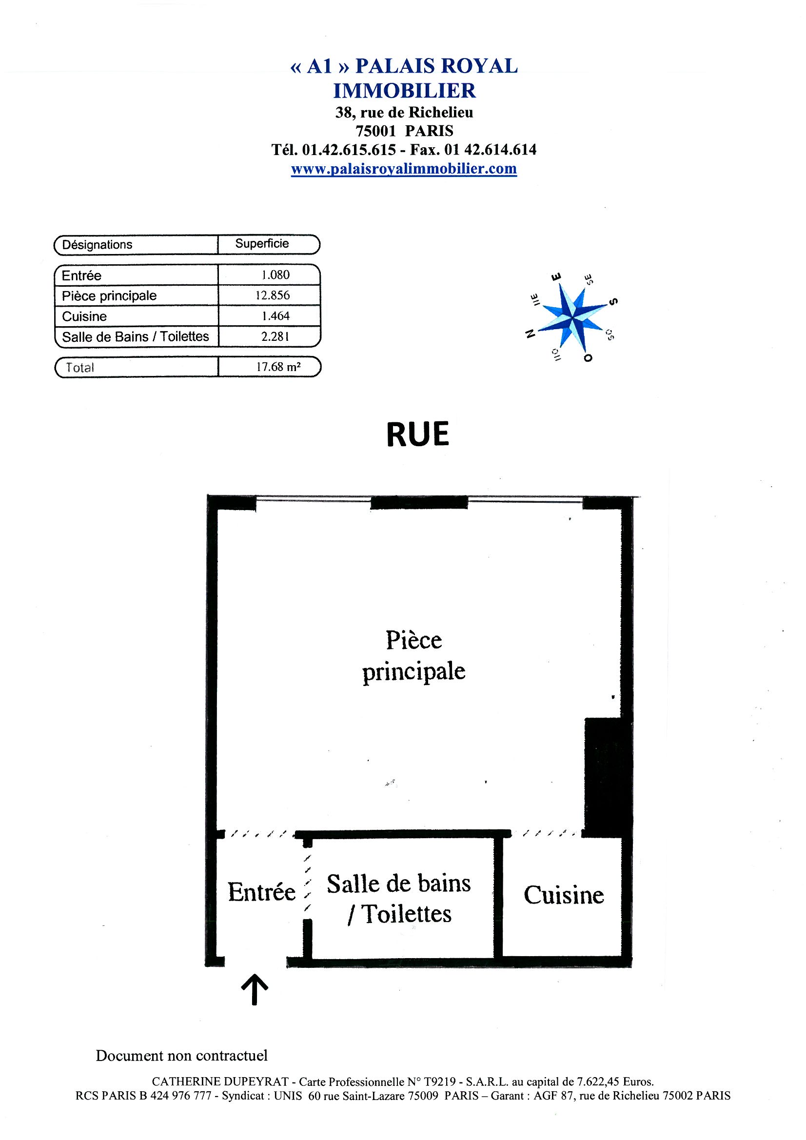 PARIS 1ER - SAINTE-ANNE / THÉRÈSE
STUDIO 17,40 m² - 2ème étage
HSP 2,80m - Travaux à prévoir 
2 FENÊTRES SUR RUE – EXPOSITION EST
 - Plan