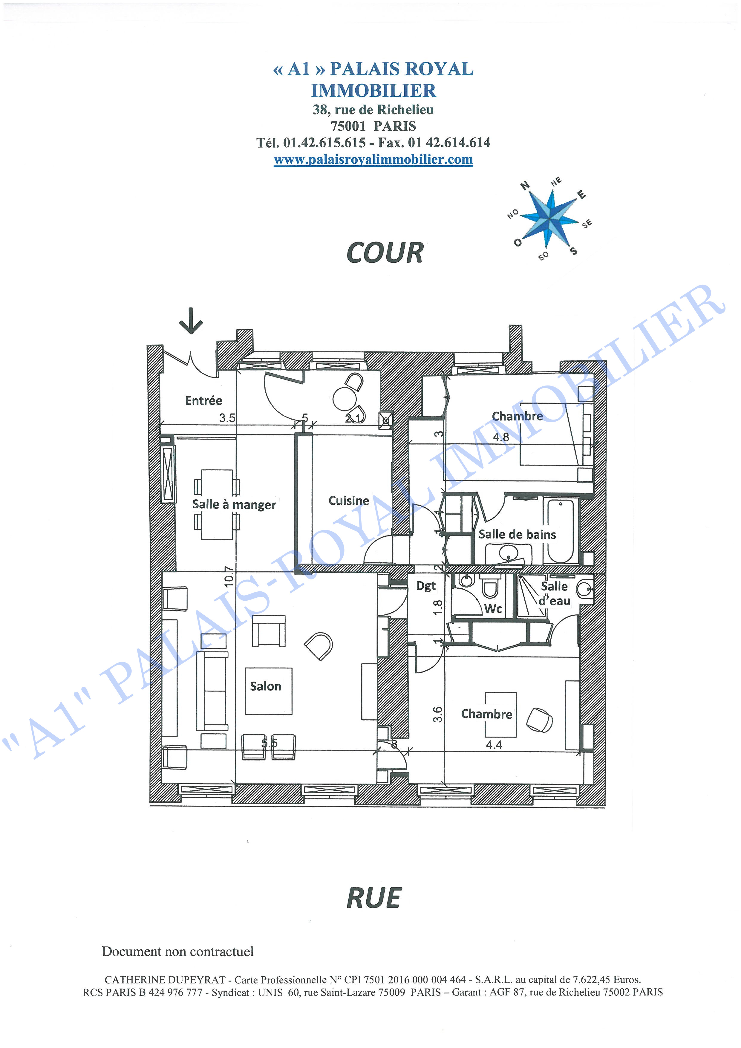 Paris 1er - Comédie Française / Saint-Honoré 
Immeuble fin XVIIème siècle  -  2ème étage 
Appartement classique traversant - 3,40m sous plafond 
Beaux volumes - 4 pièces - 105,85 m² loi Carrez 
 - Plan