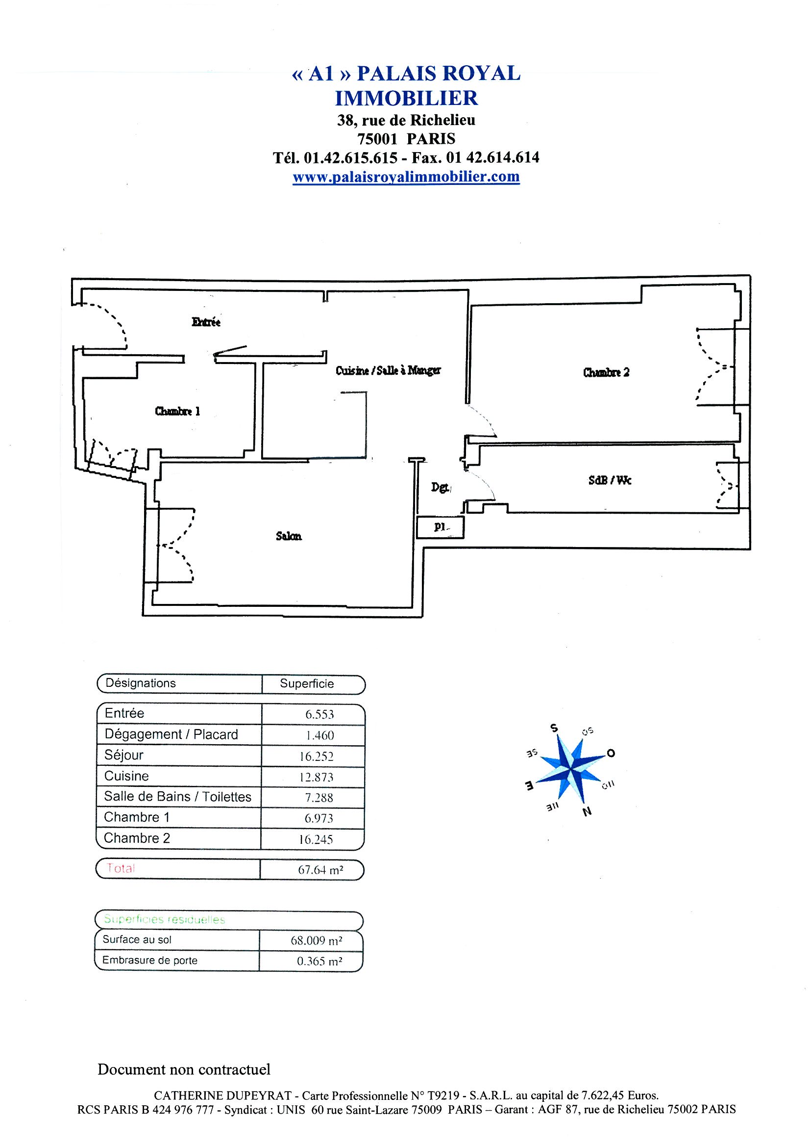 PARIS 1er 
PROXIMITÉ PALAIS ROYAL
Immeuble début XXème  - Ascenseur 
3 PIÈCES – HSP : 2m75
 - Plan
