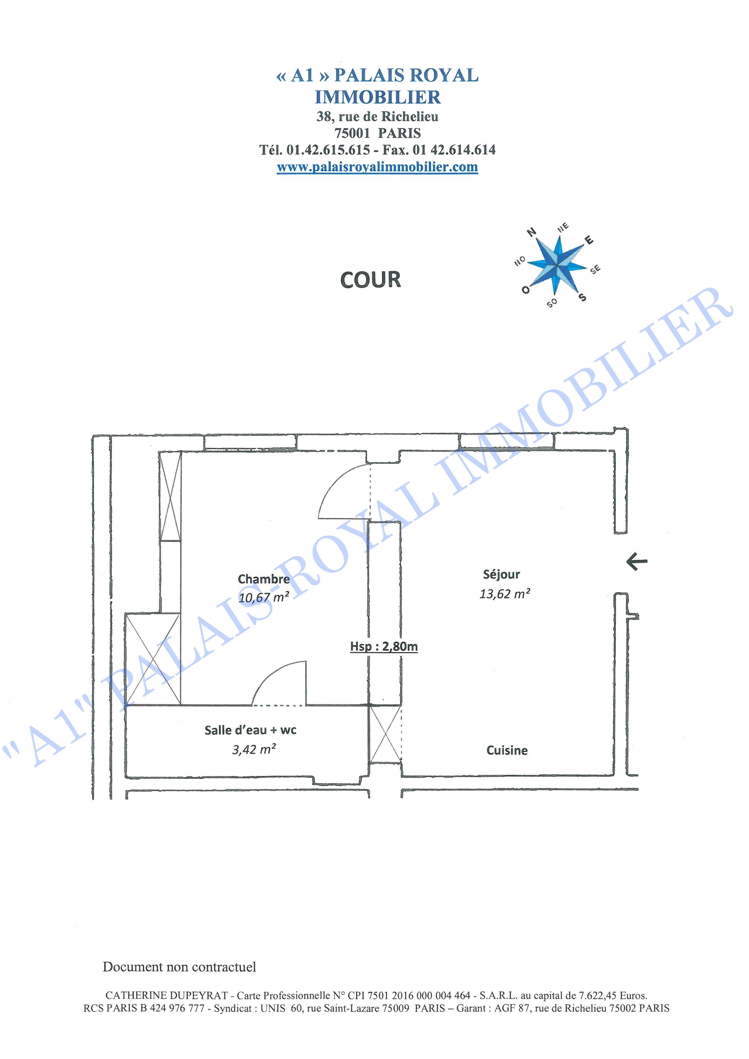 Paris 1er – Palais-Royal 
Immeuble ancien début XIXème siècle - Bon standing
Charmant 2 pièces - 27,70 m² - 3ème étage - Ascenseur 
2 fenêtres sur cour -  Calme - 2,70 m sous plafond
 - Plan